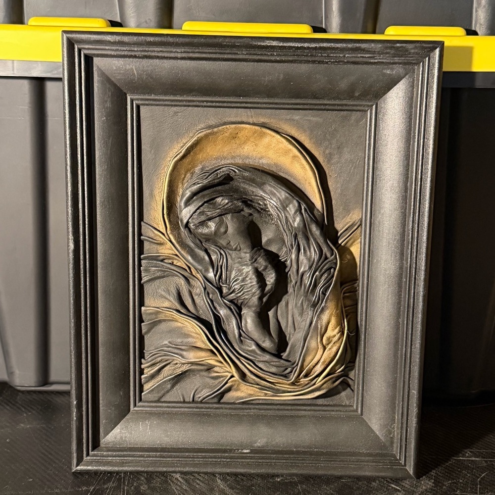 Vintage Madonna & Baby Jesus Leather Framed Wall Art (16"x13.5")